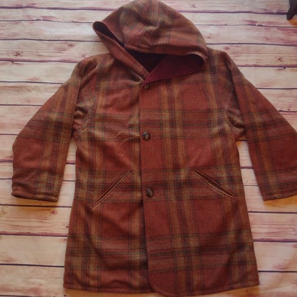 The J Peterman Co Women's Reversible Wool Corduroy Coat Size Medium Plaid Maroon - Picture 1 of 10